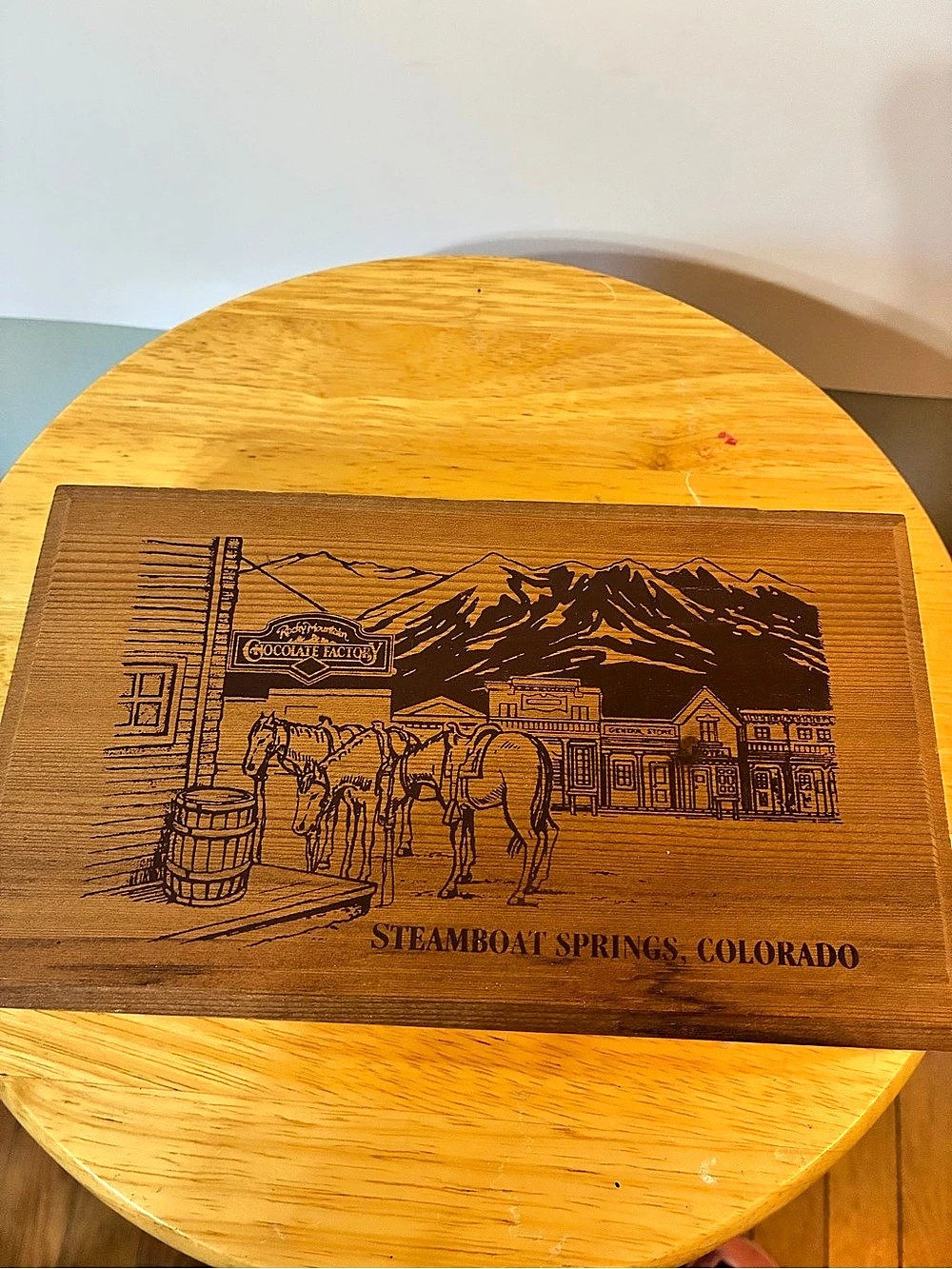 Vintage Engraved Rocky Mountain Chocolate Factory promotional wooden box